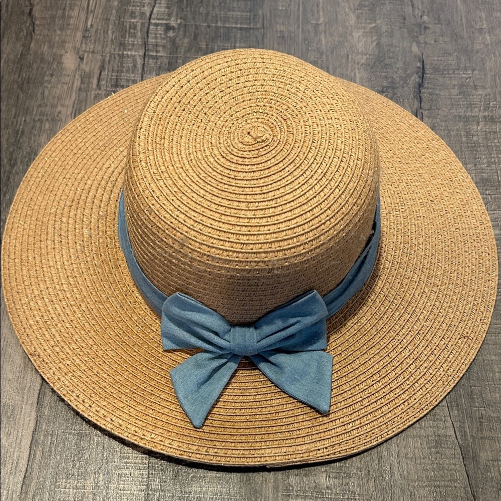Janie and Jack Tan Hat with Blue Bow